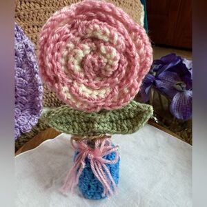 Handmade Crochet Flower in Blue Vase